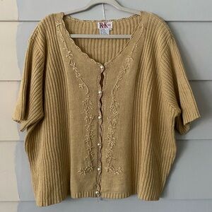 Vtg Classic Delicate Tan Knit Cardigan Sweater Floral Embroidery Pearl Buttons